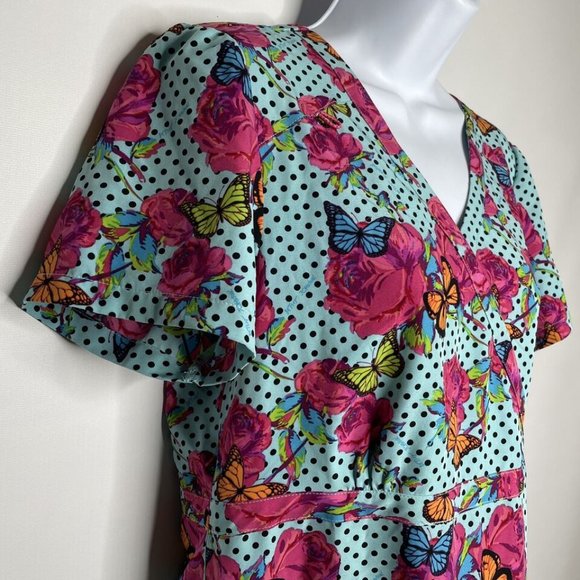 💜 3/$30 Betsey Johnson Calla Mock Wrap Scrub Top Polka Dots Roses Butterflies - Picture 4 of 8
